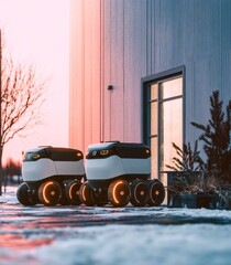Autonomous delivery robots in winter at sunset near a modern building
