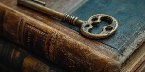 A professional shot of a tarnished brass key lying on a stack of aged leather-bound books, the texture of the key and books telling a story of years gone by