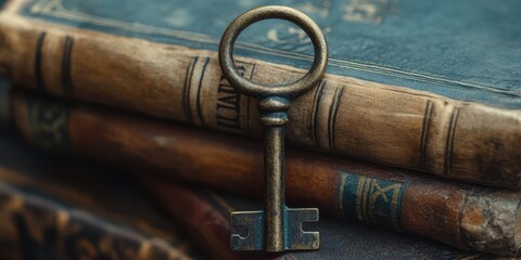 A professional shot of a tarnished brass key lying on a stack of aged leather-bound books, the texture of the key and books telling a story of years gone by