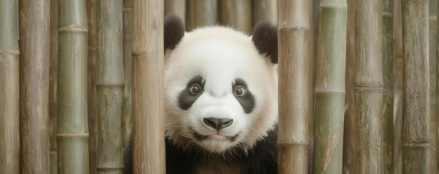 Peekaboo with a panda peeking through bamboo, wide-eyed expression in a zoo environment peekaboo, panda