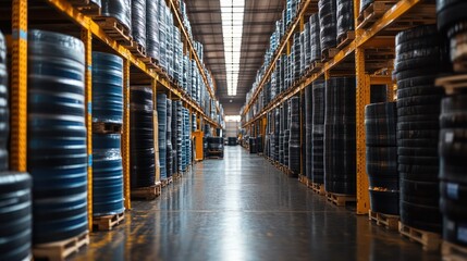 Fototapeta premium Large rubber rolls stacked on pallets inside a warehouse, with an open, spacious environment and clear visibility of the stacked materials.