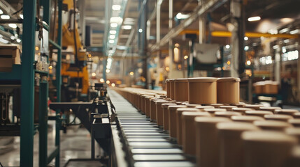 Naklejka premium Assembly line with conveyor belts moving products, organized workflow, high-speed production