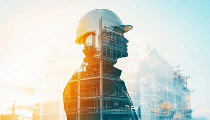 Innovative construction project concept  double exposure of engineers and modern civil technology