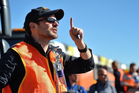 road traffic director using a whistle and hand gestures to guide vehicles through a crowded event with copy space