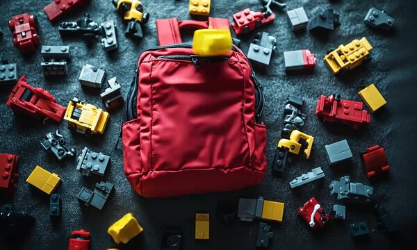 Red Backpack and Colorful Blocks