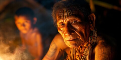 Obraz premium Close-up portrait of Indigenous man with tattoos.