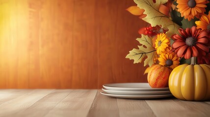 Thanksgiving table, set with autumn decor, 3D illustration, copy space for text,