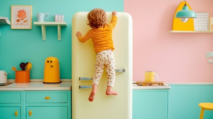 Focused Toddler Scaling Kitchen Appliance with Intense