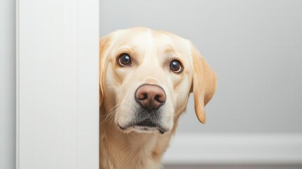 Playful moment with a dog sticking its head through a door gap, eager to play peekaboo peekaboo, dog