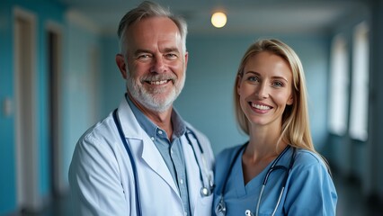 A smiling male doctor and female nurse stand together in a bright hospital corridor, highlighting teamwork and healthcare.