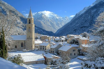 Snow-Covered Village Nestled in the French Alps with a Tall Church Tower