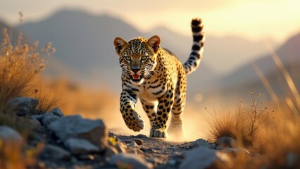 Leopard Strolling Through Sunlit Mountain Terrain