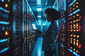 image of a women technician in a server room, meticulously inspecting the rows of servers and networking equipment. The room is filled with the hum of machinery and the glow of countless lights.