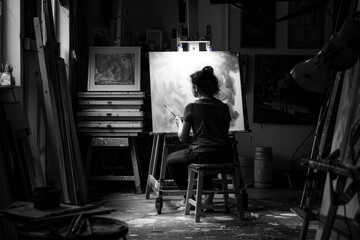 Obraz premium Artist Painting in Studio - Black and White Image of a Creative Workspace with a Painter at Work