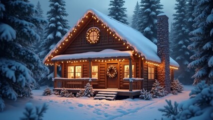 Fototapeta premium Cozy cabin in snowy woods with Christmas lights and wreath