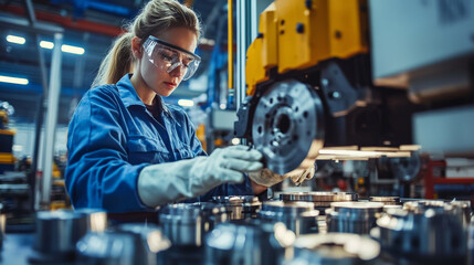 Factory worker assembling automotive parts, wearing safety gear, working with precision
