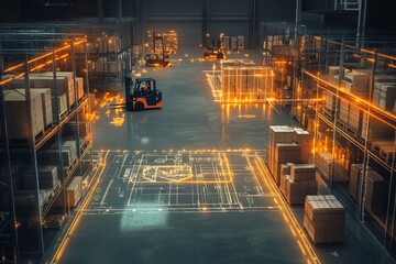 Illuminated warehouse 3d rendering featuring holographic data visualization and active forklifts