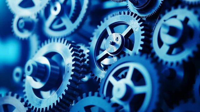 Mechanical gears in motion blue metallic cogs showcasing precision engineering and industrial technology, 4k video