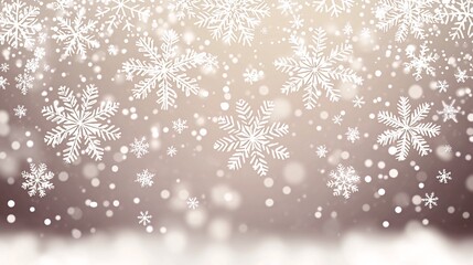 Abstract winter background with falling white snowflakes on a beige gradient with blurred bokeh lights.