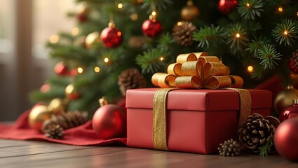 Festive Christmas tree with gift box wrapped in gold ribbon