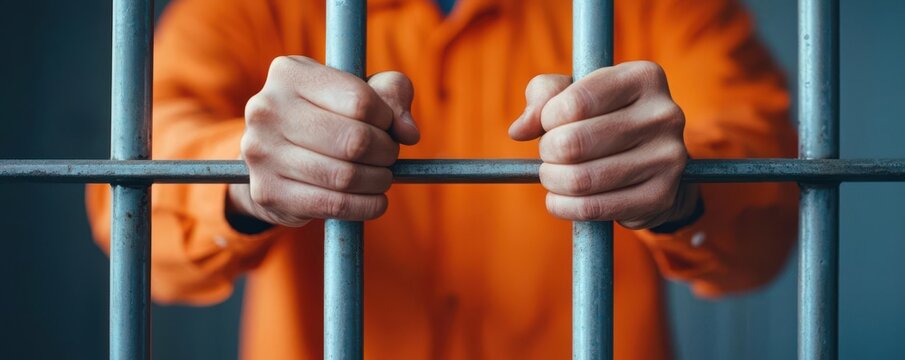 Prisoner gripping the bars of a cell, hands tightly wrapped around the metal, symbolizing confinement and lack of freedom, Incarceration, isolation