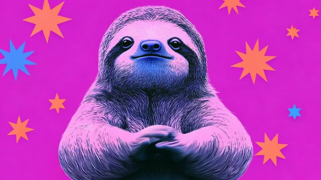 Surreal sloth illustration with vibrant colors and abstract background design, 4k video