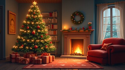 Obraz premium Cozy holiday living room with decorated Christmas tree and fireplace