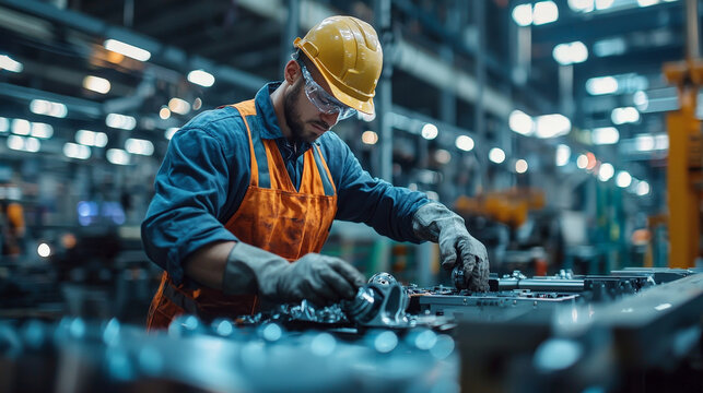 Factory worker assembling automotive parts, wearing safety gear, working with precision - Powered by Adobe