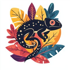 Obraz premium A chameleon blending into leaves, vibrant colors, stylized cartoon, playful mood, isolated on white background