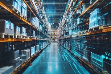 Obraz premium Futuristic industrial warehouse with high tech data streams illustrating advanced stock management