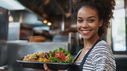 Smiling woman serving fresh food at a bustling café during lunchtime