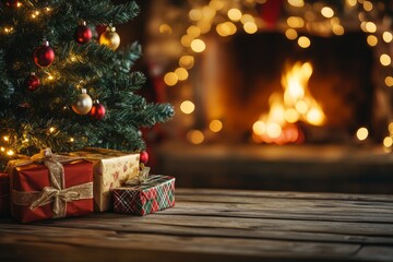 Enchanting christmas scene  tree with presents, cozy fireplace, and blurred lights at night