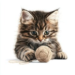 A fluffy kitten playing with yarn, dynamic pose, digital painting, soft lighting, isolated on white background