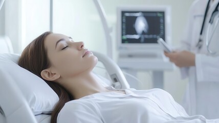 Fototapeta premium Woman lying down during an ultrasound, part of the IVF monitoring process, doctor observing results IVF, monitoring