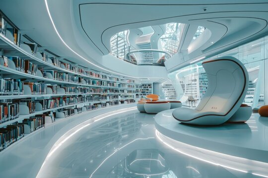A futuristic library's sleek design and cutting-edge technology create an atmosphere of innovation and boundless possibilities