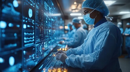 An animation of data processing visualizations appearing over a diverse group of surgeons in a modern operating room, showcasing the integration of technology in healthcare.