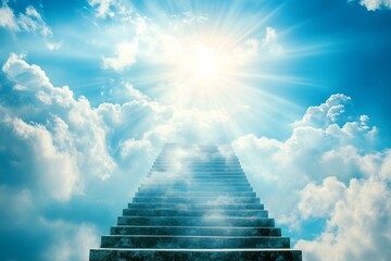 Heavenly stairs ascending to the sky, bathed in sunlight and surrounded by ethereal clouds
