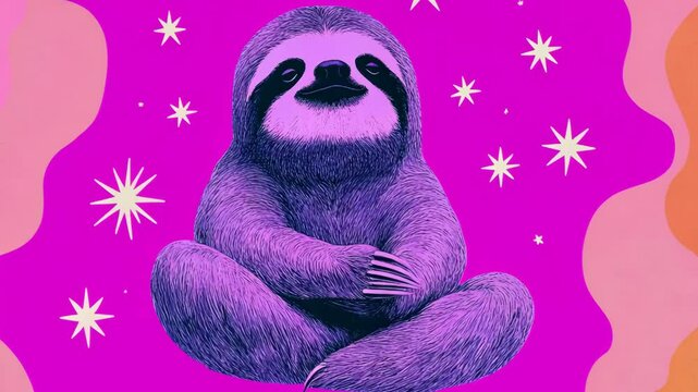 Dreamy sloth illustration on vibrant purple background with stars, 4k video