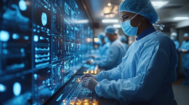 An animation of data processing visualizations appearing over a diverse group of surgeons in a modern operating room, showcasing the integration of technology in healthcare.