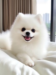 Fototapeta premium Happy white pomeranian dog relaxing on a bed