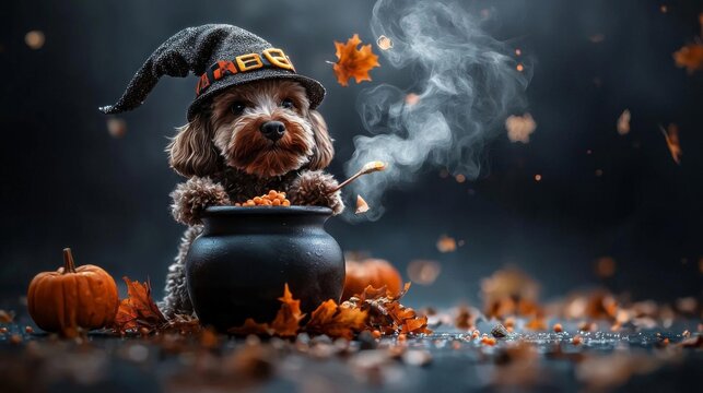Poodle wearing a witch s hat and cape, stirring a cauldron in a spooky kitchen, witch dog, Halloween pet chef