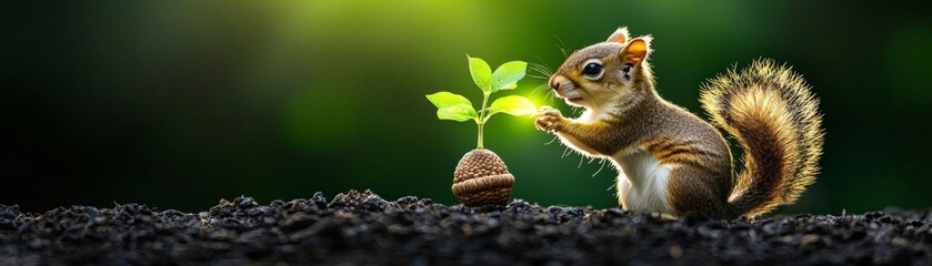 Obraz premium Squirrel in a wizard outfit, casting a growth spell on an acorn, making it sprout into a massive tree, squirrel wizard, nature and magic concept