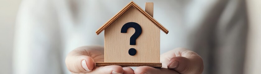 A person holding a wooden house model with a question mark, symbolizing inquiries about homes and housing decisions.