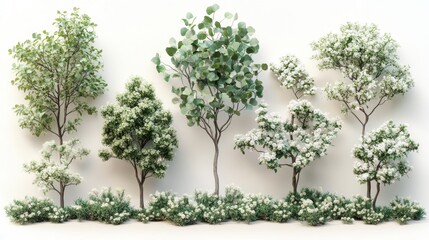 Assortment of Eucalyptus Trees with White Flowers in Nature Landscape