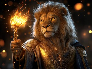 A lion in a royal wizard robe, commanding glowing flames with a magical scepter in an ancient temple, lion wizard, regal and powerful magic