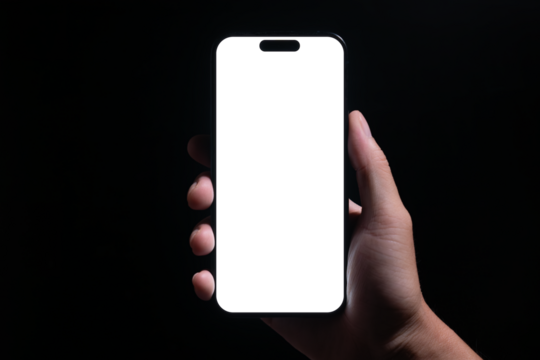 Smartphone in hand on black background. Transparent screen