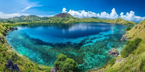 Tropical island with blue water and green hills.