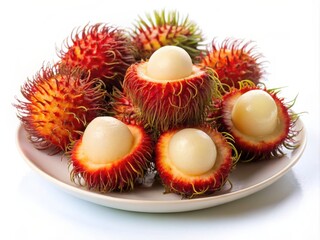 Whole and Halved Rambutan Fruits on Plate