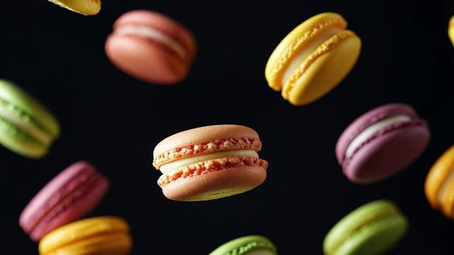 A delightful display of macarons in various colors and flavors appears to float against a dark backdrop, creating a whimsical effect
