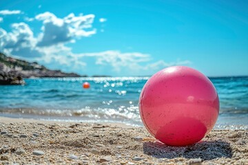 Obraz premium Pink Beach Ball on a Pebble Beach with a Blue Ocean in the Background